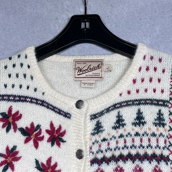Vintage Woolrich Christmas Sweater Size Large Ivory Holiday Cardigan Wool Mohair - Picture 2 of 11